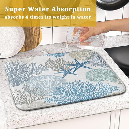 Nautical Coastal Dish Drying Mat for Kitchen Counter,Summer Ocean Themed Seashell Coral Starfish Drying Mat 16 x 18 Inch with High Absorbent Microfiber Dish Drying Drainer Mat for Coffee Bar
