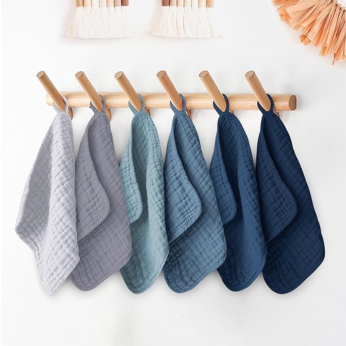 12 Pack Muslin Washcloths for Baby - 100% Cotton Baby Wash Cloths for or Baby Face Body Comfy and Soft for Newborn Infants Kids Girls and Boys - 12"x12" - Slate, Grey and Navy Series