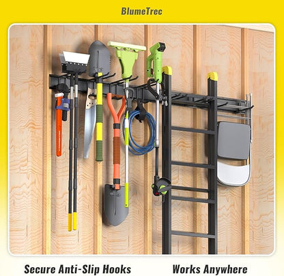 Garage Tool Organizer Wall Mount, 96" Heavy-Duty Metal Wall Organizer, 6 Rails with 12 Adjustable Hooks, Garden Storage Rack for Organization, Sturdy Tool Hanging Holder for Shovel Shed Yard