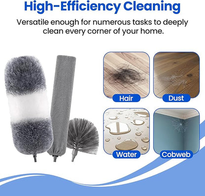 Extra-Long Dusters Kits with Extension Pole, 5 in 1 Cleaning Tools with Extendable Long Handle, Cobweb Duster, Microfiber Dusting Clothes for Gap, High Ceilings and Fans, Blinds, Cars and Furniture