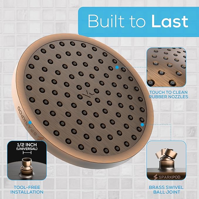 SparkPod Shower Head - High Pressure Rain - Premium Quality Luxury Design - Easy Clean Adjustable Replacement for Your Bathroom Shower Heads (Vintage Oil Rubbed Bronze, 8 Inch Round)