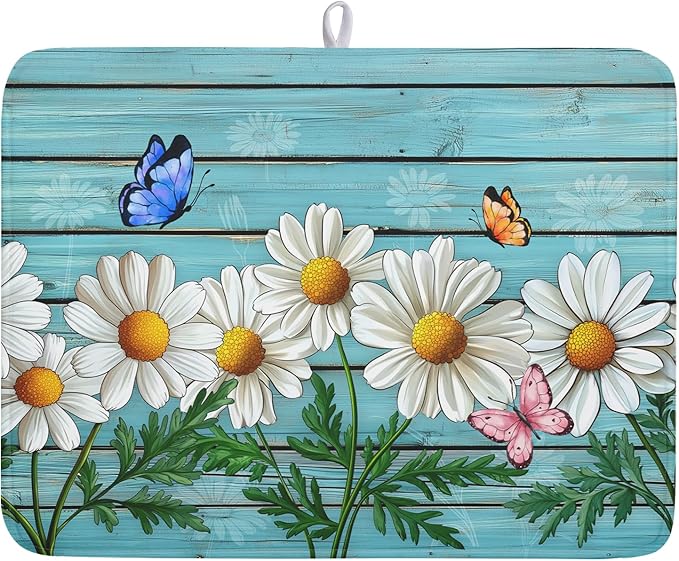 Spring Summer Daisy Flowers Dish Drying Mat for Kitchen Counter 18”x24” Rustic Daisy Absorbent Dish Drying Mat Reversible Microfiber Dish Drainer Rack Fast Drying Mat for Countertops Tableware Decor