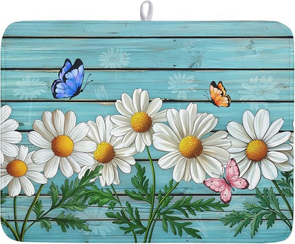 Spring Summer Daisy Flowers Dish Drying Mat for Kitchen Counter 18”x24” Rustic Daisy Absorbent Dish Drying Mat Reversible Microfiber Dish Drainer Rack Fast Drying Mat for Countertops Tableware Decor