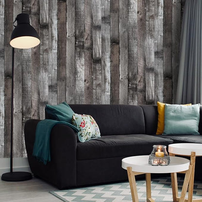 Yun-aeon Natural Wood-Dark Grey Wood Contact Paper Peel and Stick Wallpaper 34.6"x 480" Self Adhesive Removable Vintage Faux Wood Wall Paper Plank Shelf Home Decoration Kitchen Counter Cover Use