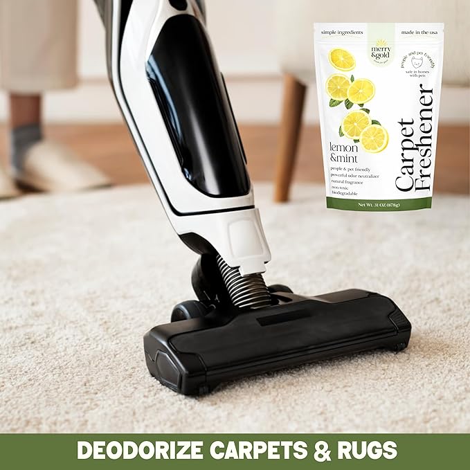 Merry & Gold Carpet Freshener & Deodorizer Powder - 31oz | Pet Odor Eliminator for Strong Odors| Lemon + Mint | Safe for Homes with Pets | Made in USA | Natural Ingredients (Lemon & Mint)