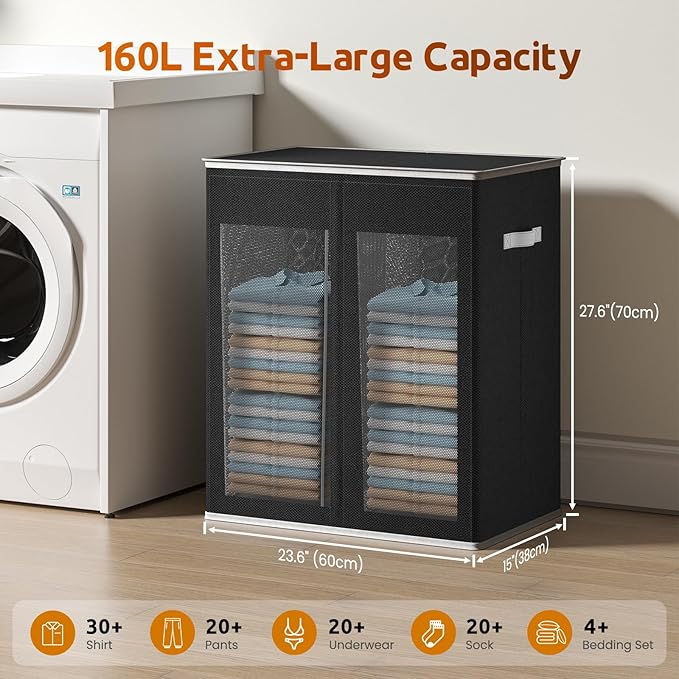 Laundry Hamper with Lid 160L Laundry Basket - Double Clothes Hamper with 2 Removable Bags, 2 Section Large Laundry Basket Organizer for Laundry Room, Bedroom, Hampers for Laundry