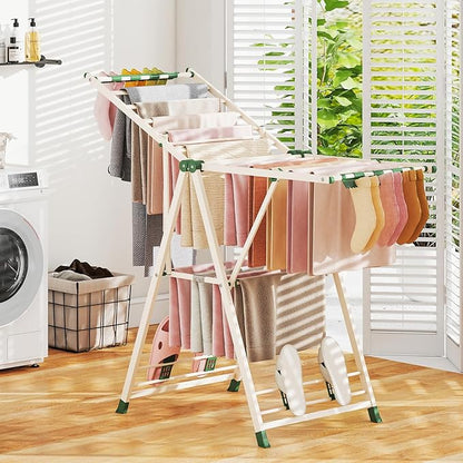 Giantex Clothes Drying Rack, Foldable Metal Laundry Drying Rack with Height Adjustable Wings, 16 Drying Rails, Sock Clips & Shoe Racks, Freestanding Clothing Stand for Indoor & Outdoor, Beige