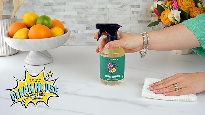 Caldrea Multi-surface Countertop Spray Cleaner, made with birch bark, Orange Peel and Ylang Ylang flower essential oils, a special vegetable protein extract, Orange Blossom Bamboo scent, 16 oz