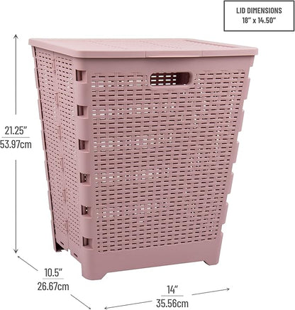 Mind Reader 61L Foldable Laundry Hamper, Clothes Basket, Lid, Wicker Design, Plastic, 18"L x 14.5"W x 21.25"H, Pink