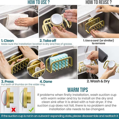 TAILI Sponge Holder for Kitchen Sink with Strong Suction Cup, Rustproof Aluminum Sink Caddy for Sponges, Removable Sponge Holder, Dish Brush for Scraper - Gold