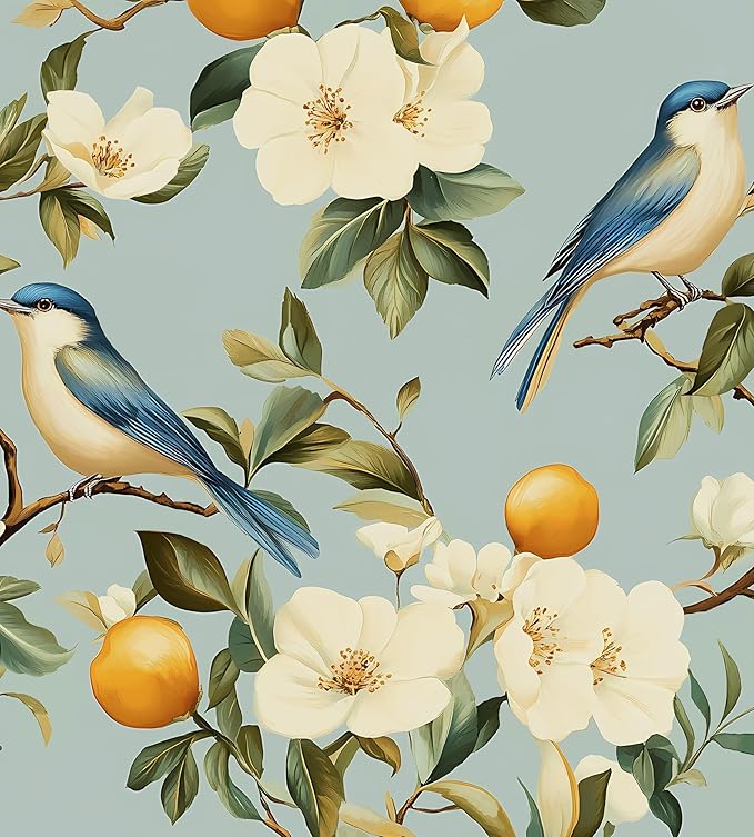 Laatse Birds Wallpaper Peel and Stick, Blue Vintage Floral Fruits Contact Paper 17.5" x 393", Botanical Wall Paper Self Adhesive Removable Waterproof for Bathroom Bedroom Shelf Cabinet Drawer Table