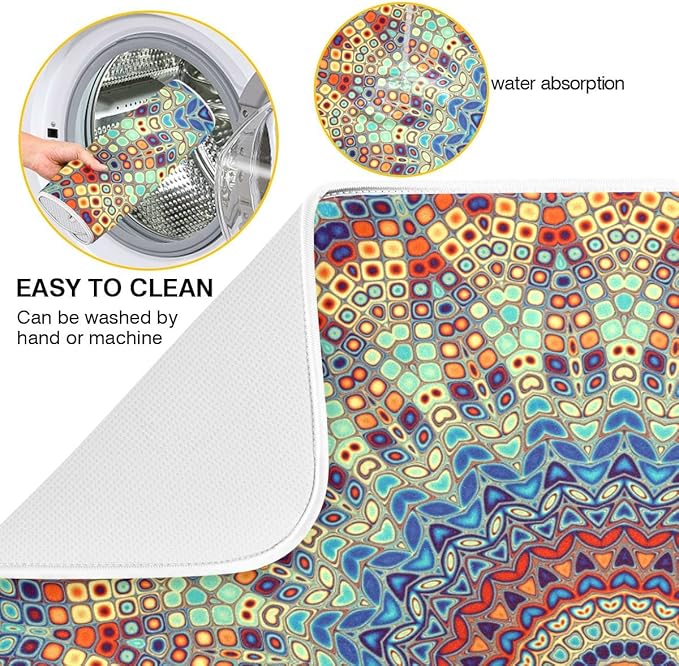 Bohemian Mandala Dish Drying Mat for Kitchen Counter Boho Ethnic Drying Mat 16 x 18 Inch with High Absorbent Reversible Microfiber Dish Drying Pad Dish Rack Pad Drainer Mat for Coffee Bar