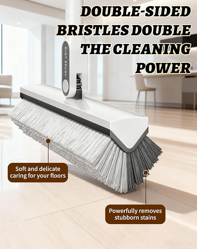 V-Shape Floor Scrub Brush with Long Handle, 180° Swivel Stiff Bristle Shower & Grout Cleaner Brush, Heavy-Duty Bathroom and Floor Cleaning Tool with 51" Stainless Steel Handle