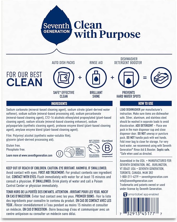 Seventh Generation Dishwasher Detergent Packs, Blasts Away Stuck-On Food, Free & Clear, 20 Packs