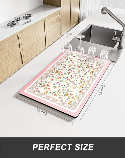Rnivvi Dish Drying Mat for Kitchen Counter, 12 x 19" Cute Flower Theme Super Absorbent Draining Pad, Non-Slip Heat Resistant Coffee Bar Mats for Coffee Machine Station Accessories, Pink Dish Rack Pad