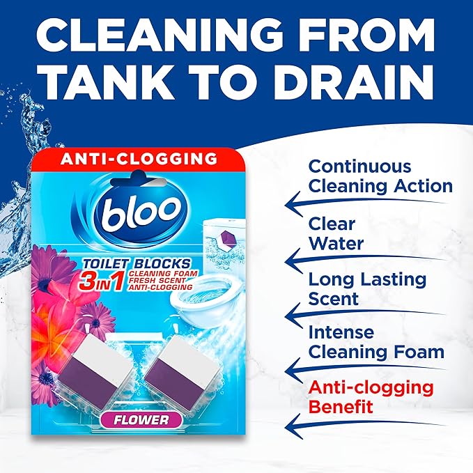 New Bloo Toilet Blocks, Pack of 2, Limescale Remover Cistern, Cleaner with Cleaning and Foaming Action, Fresheners – Fresh Flowers