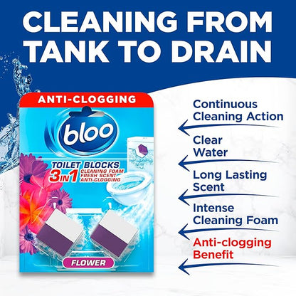 New Bloo Toilet Blocks, Pack of 2, Limescale Remover Cistern, Cleaner with Cleaning and Foaming Action, Fresheners – Fresh Flowers
