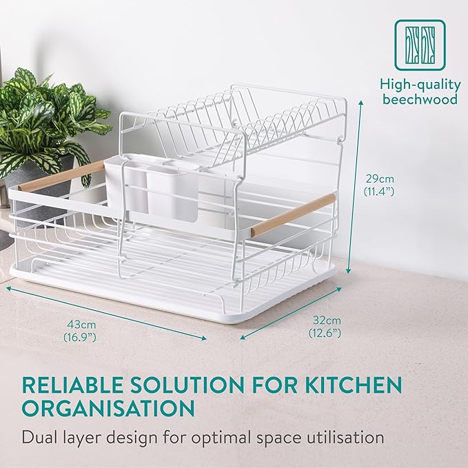 Navaris 2 Tier Dish Rack - Compact Drying Kitchen Board with Drip Tray & Cutlery Holder - Easy to Assemble and Clean Dishes - Sink Drainer Rack - White