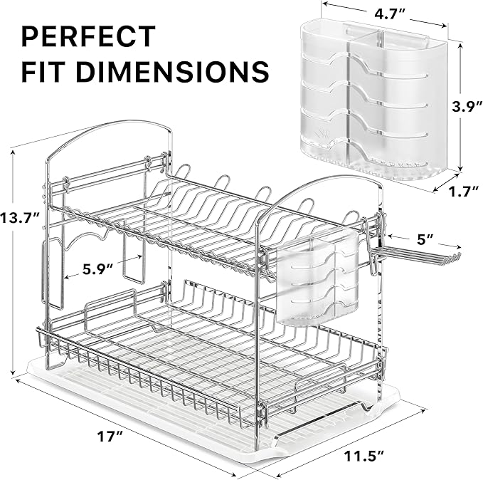 Simple Houseware 2-Tier Stainless Steel Dish Rack with Drainboard, Chrome for Kitchen