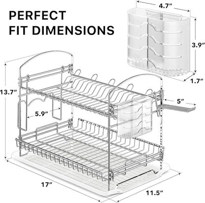 Simple Houseware 2-Tier Stainless Steel Dish Rack with Drainboard, Chrome for Kitchen