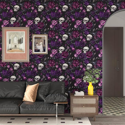 Fvlow Black Floral Wallpaper Peel and Stick 17.4" x 118" Gothic Floral Vintage Sugar Skull Contact Paper Removable Self Adhesive Waterproof Covering for Cabinet Drawers Home Decor