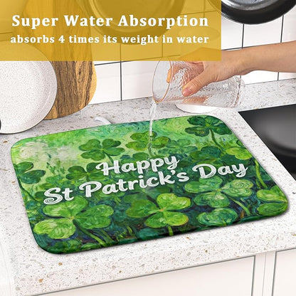 St Patricks Day Lucky Clover Dish Drying Mat for Kitchen Counter 16x18 Green Shamrock Happy Holiday Theme Absorbent Reversible Microfiber Drying Mats Kitchen Countertop Protector Dishes Drainer Pad