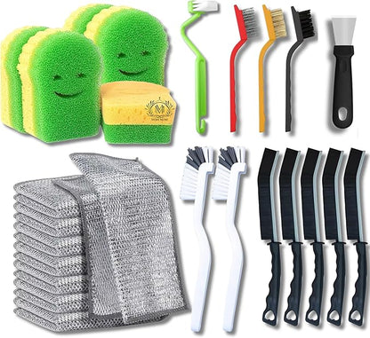 Cleaning Supplies - 27Pcs Cleaning Tools - 5 Scrub Sponges, 12 Crevice Cleaning Brush, 10 Non Scratch Wire Dishcloth. Smart Kitchen Tools, Bathroom & Kitchen. Home Must Haves.