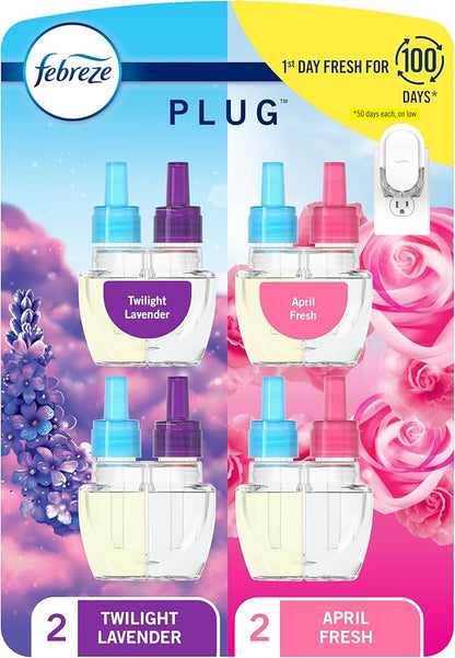 Febreze Plug In Air Freshener, Odor-Fighting Scented Oil Refill, Twlight Lavender and Downy April Fresh Scents, 4 Refills