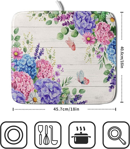 Hydrangea Floral Dish Drying Mat 16x18 inch Spring Summer Decorative Fast Dry Dishes Draining Mats Absorbent Microfiber Drainer Rack Pad