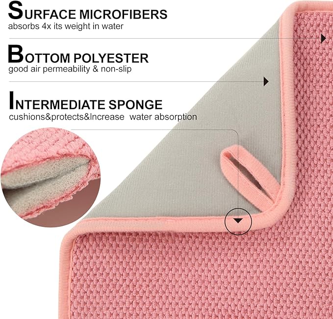 2 Pack Microfiber Dish Drying Mat for Kitchen Counter,Ultra Absorbent Dish Drainer Mat ,Dish Drying Pad , Dish Rack Mat 20×15 Inch (Pink)