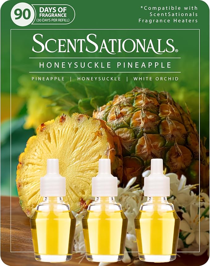 ScentSationals Honeysuckle Pineapple Fragrance Oil Plug In Air Freshener Refills 3-Pack - Works with Scentsationals Wall Plugs, Long-Lasting Home Fragrance, 0.8 fl oz Each, Packaging May Vary