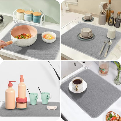 GeeRic Microfiber Dish Drying Mat, Super Absorbent Kitchen Dish Drying Pad for Mother's Day, Reversible Gift Mats for Countertop, 12 * 16 inch Gray
