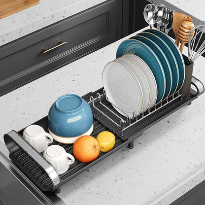 Small Dish Drying Rack, Mini Expandable Compact Dish Rack, Slim Extendable Stainless Steel Dish Drainer for Kitchen Plate Storage, Space Saving Dish Strainer in Sink or on Home Countertop, Black