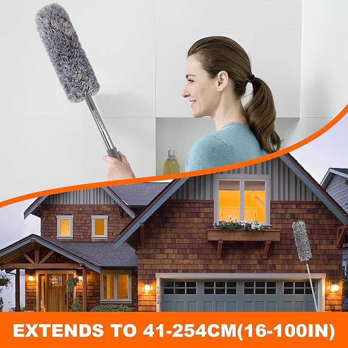 Professional Microfibre Dusters for Cleaning | Duster with Extension 100" | Cobweb Remover Duster Kit with 4 Washable Heads | Bendable Feather Duster for High Ceilings,Fans & Hard-to-Reach Areas,9PCS