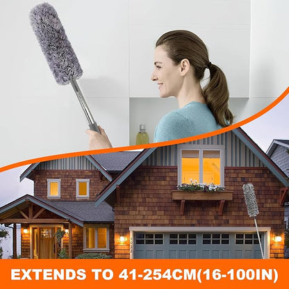 Professional Microfibre Dusters for Cleaning | Duster with Extension 100" | Cobweb Remover Duster Kit with 4 Washable Heads | Bendable Feather Duster for High Ceilings,Fans & Hard-to-Reach Areas,9PCS