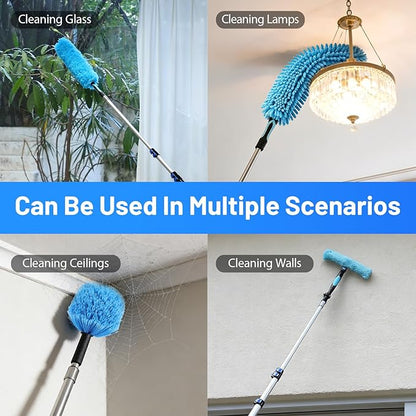 FAHKNS 20 Foot High Ceiling Fan Duster, Heavy Duty High Reach Duster Kit for Cleaning, Spider Web Brush, Washable Dust Brush for High Roof and Glass Surfaces (with 5-12ft Extension Pole)