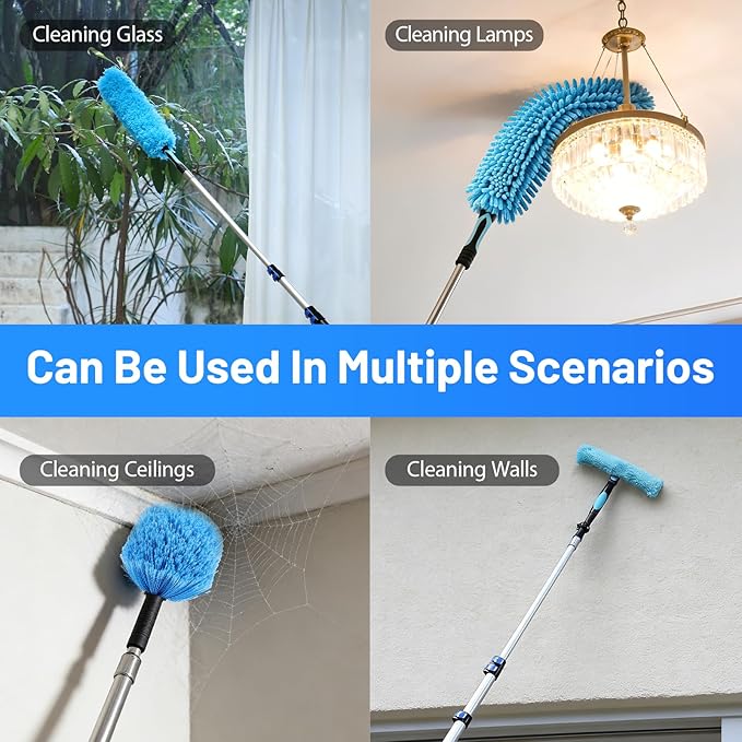 FAHKNS 30 Foot High Ceiling Fan Duster, Heavy Duty High Reach Duster Kit for Cleaning, Spider Web Brush, Washable Dust Brush for High Roof and Glass Surfaces (with 5-24ft Extension Pole)