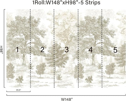 Zeeko Vintage Forest Wall Murals Peel and Stick 148" W x 98" H Beige Tree Wallpaper Self-Adhesive Large Nature Landscapes Murals Canvas Wall Decor for Bedroom Bathroom