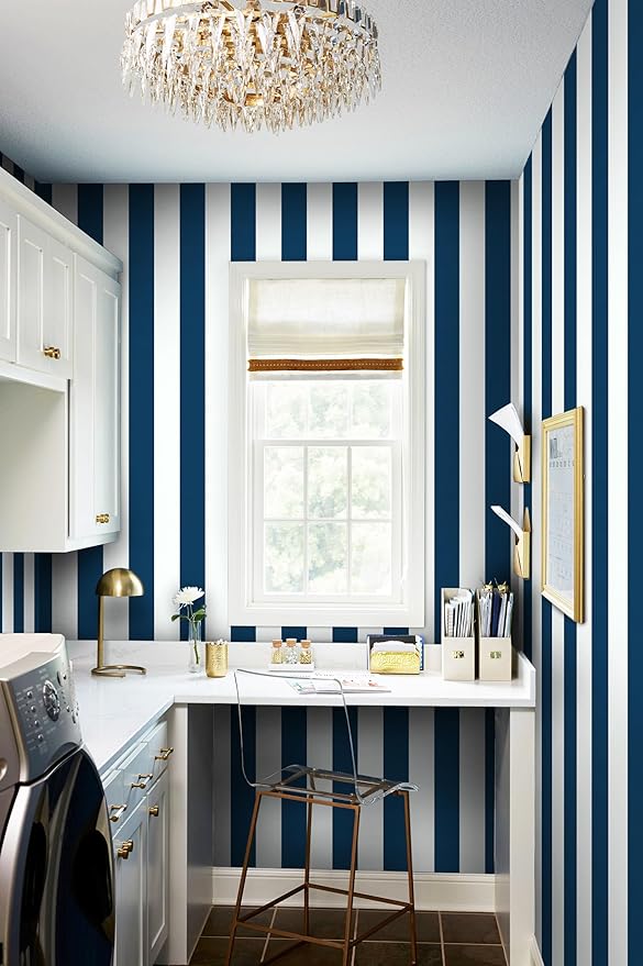 Guvana 17.7"×472" Striped Peel and Stick Wallpaper Blue and White Self-Adhesive Wallpaper DIY Removable Contact Paper Navy Blue Waterproof Wall Paper for Bathroom Cabinets Accent Wall Decor Vinyl Roll