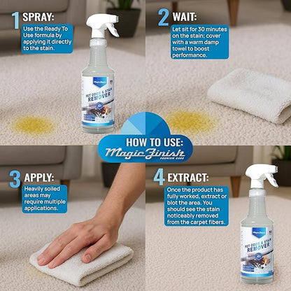 Magic Finish Pet Odor & Stain Remover (32 oz) – Enzyme Cleaner for Dog & Cat Urine, Vomit, and Messes – Kid & Pet-Friendly Rug & Multisurface Upholstery Deodorizer with Apple Blossom Scent