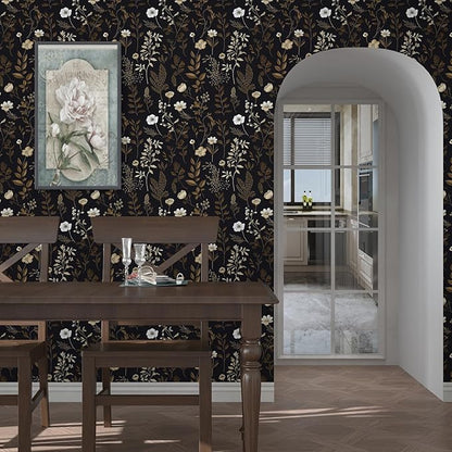 Vintage Dark Floral Wallpaper, Moody Black Leaf Botanical Removable Contact Paper for Bedroom Bathroom Drawer, Boho Floral Self Adhesive Wall Paper Brown Taupe Flower Wall Decor 17.5" x 118"