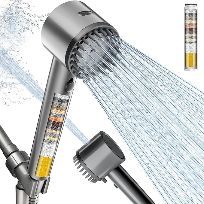 Cobbe Ion Drops Filtered Shower Head with Handheld, 4+1 Spray Mode Showerhead with Filters, Built-in Power Wash for Hard Water - Remove Chlorine - Reduces Dry Itchy Skin, Matte Gray