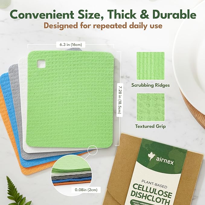 10 Pack Cellulose Swedish Dishcloths for Kitchen - Eco-Concious Reusable Dish Towels & Cloths - Super Absorbent, Odor Resistant and Fast Drying Wash Cloths for Dishes & Surfaces