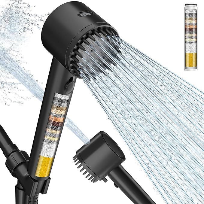 Cobbe Ion Drops Filtered Shower Head with Handheld, 4+1 Spray Mode Showerhead with Filters, Built-in Power Wash for Hard Water - Remove Chlorine - Reduces Dry Itchy Skin, Black