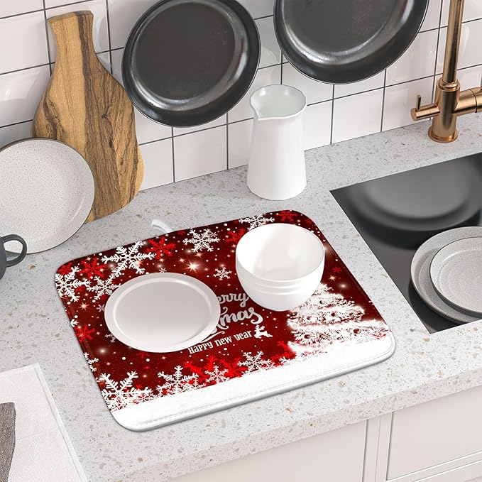 Happy New Year Red Dish Drying Mat for Kitchen Counter,Merry Christmas Tree Snowflake Drying Mat 16 x 18 Inch with High Absorbent Reversible Microfiber Dish Drying Pad Drainer Mat for Coffee Bar