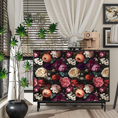 Fvlow Dark Floral Wallpaper Peel and Stick Vintage Colorful Flower Contact Paper 17.4" x 118" Black Floral Wallpaper Waterproof Self-Adhesive Wall Covering for Bedroom Countertop Desk Cabinet