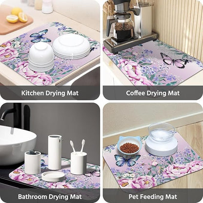 Dish Drying Mat for Kitchen Counter 18x24 Inch, Super Absorbent Dish Drainer Mat, Decorative Microfiber Dishes Drying Pad-Large(Purple Butterfly)