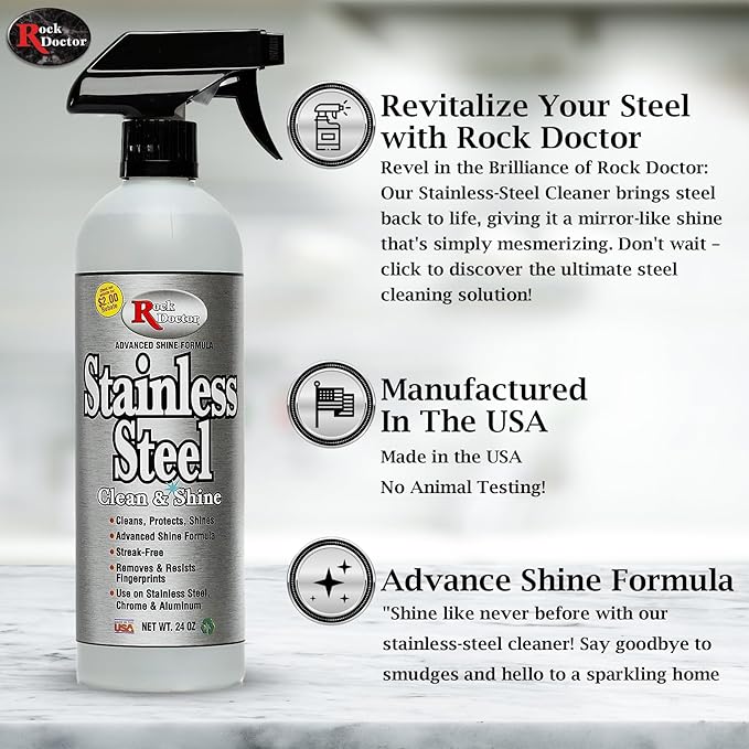 Rock Doctor Stainless Steel Cleaner and Polish, Streak-Free Cleaning Solution for Chrome and Aluminium, Stainless Appliance Cleaner, Stainless Steel Cooktop Cleaner, 24 oz. Spray Bottle, Pack of 2