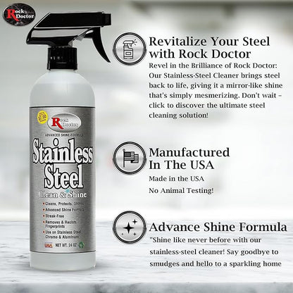 Rock Doctor Stainless Steel Cleaner and Protectant, Streak-Free Cleaning Solution for Chrome and Aluminum Appliances or Surfaces, Smudge Resistant Shine, 24 oz. Spray Bottle (6)