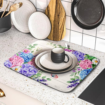 Hydrangea Floral Dish Drying Mat 16x18 inch Spring Summer Decorative Fast Dry Dishes Draining Mats Absorbent Microfiber Drainer Rack Pad